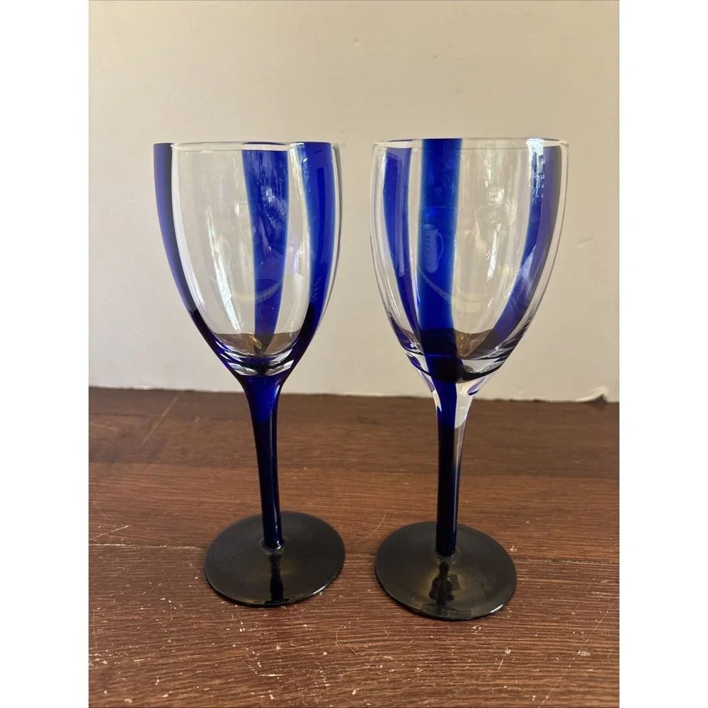 Pier 1 Cobalt Blue‎ Striped Wine Glasses Set of 2 Hand Blown 8.25